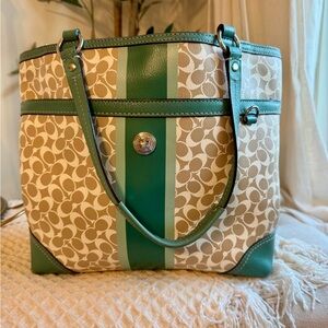Coach Signature Green and Tan Tote